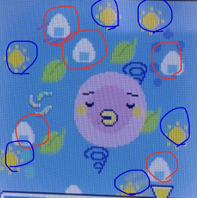 たまさいぼーの画面。太陽マークはごきげん、おにぎりマークは満腹を表します。